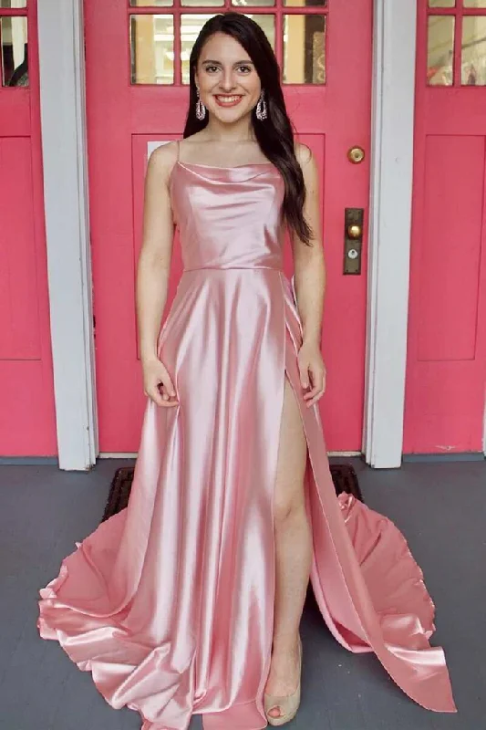 Big Discounts Simple Pink Satin Long Prom Dress with High Slit GJS698