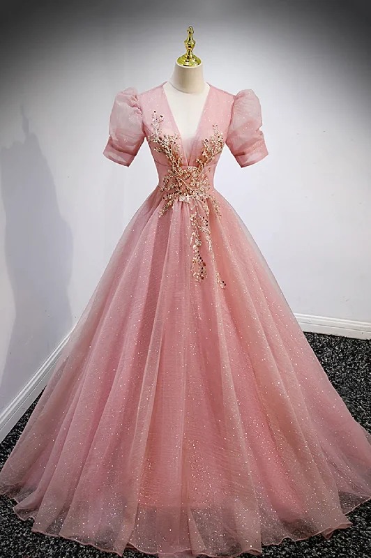 Weekend Deal lace-up dresslace-up dressPink V-Neck Tulle Long Prom Dresses, A-Line Short Sleeve Evening Dresses Y892 Weekend Deal lace-up dresslace-up dressPink V-Neck Tulle Long Prom Dresses, A-Line Short Sleeve Evening Dresses Y892