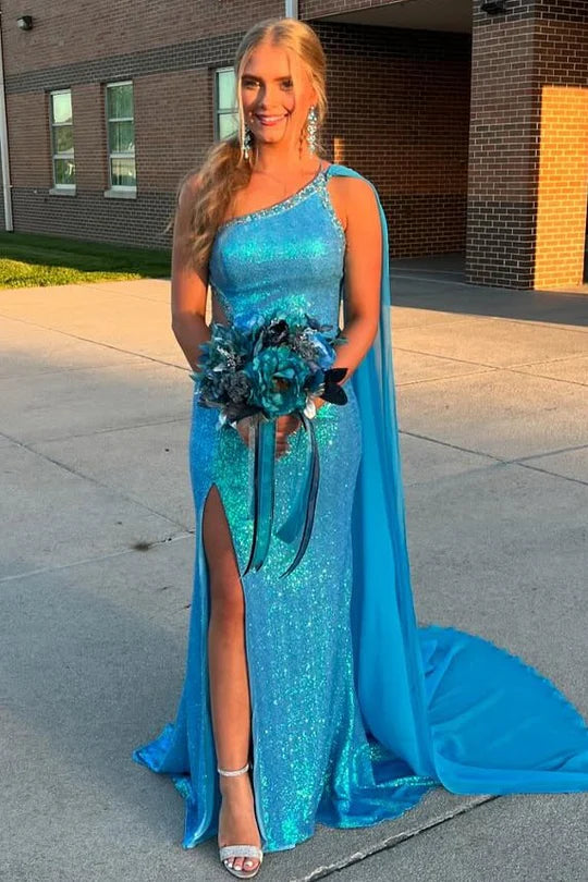 Don't Wait knit dressknit dressSparkly One Shoulder Sequins Prom Dress With Train