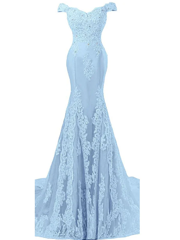 Instant Discount Trumpet/Mermaid Prom Dresses Off-the-shoulder Appliques Tulle Sexy Prom Dress/Evening Dress JKL265