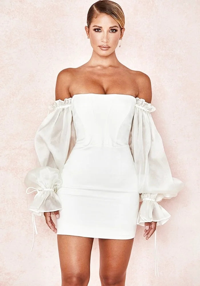 Price Reduction party-ready dressparty-ready dressWhite Satin Dress With Sleeves