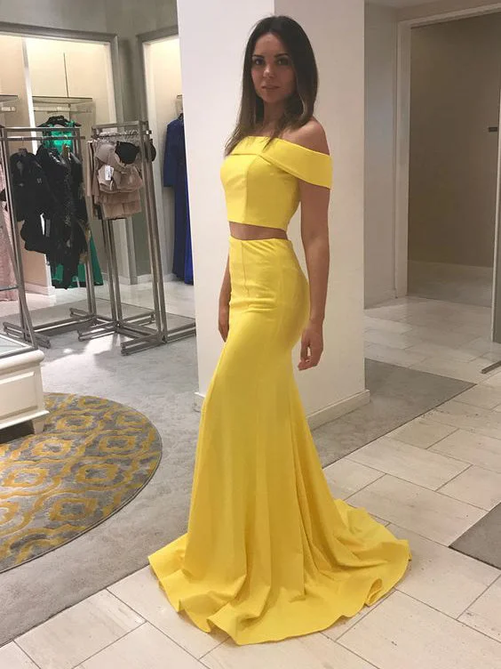 Deal Dash Two Piece Prom Dresses Trumpet Mermaid Brush Train Long Yellow Chic Prom Dress JKL1341