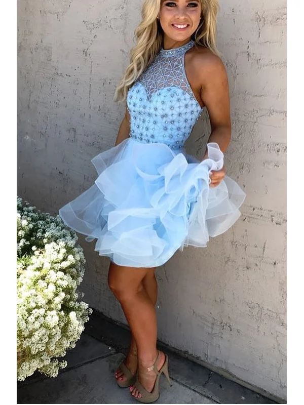 Discount Deals Sexy Homecoming Dress A-line Halter Rhinestone Light Sky Blue Short Prom Dress Party Dress JK525