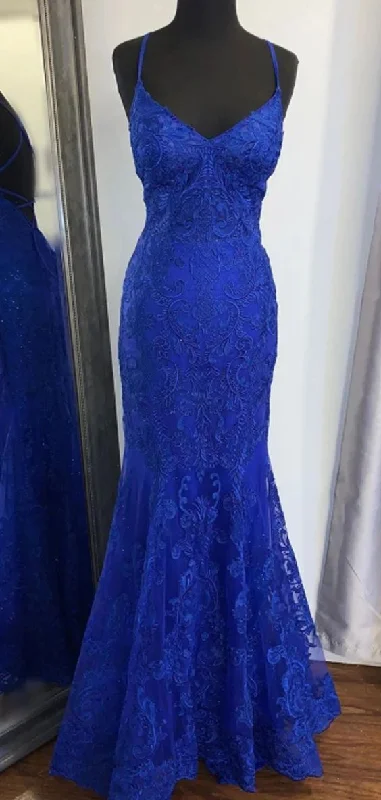 Seasonal Sale flowy evening dressflowy evening dressElegant Mermaid V Neck Royal Blue Lace Evening Dress Y819