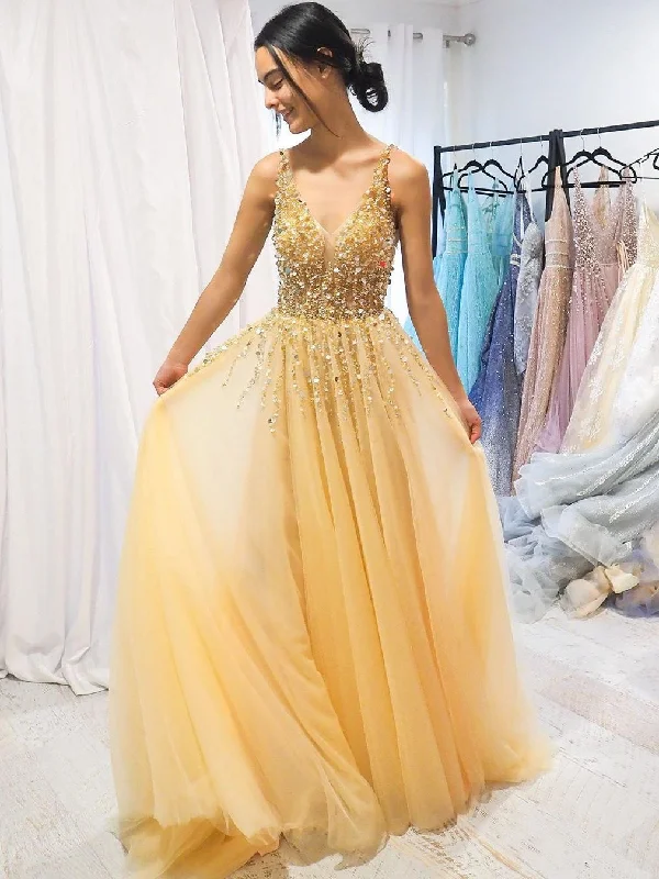 Clearance Sale A-line V neck Yellow Sparkly Long Prom Dresses Gorgeous Formal Dresses NA4001