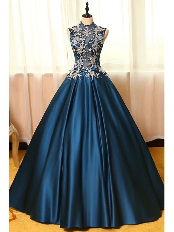 Doorbuster Deal Chic Prom Dresses Appliques High Neck Ball Gown Long Prom Dress/Evening Dress JKL280