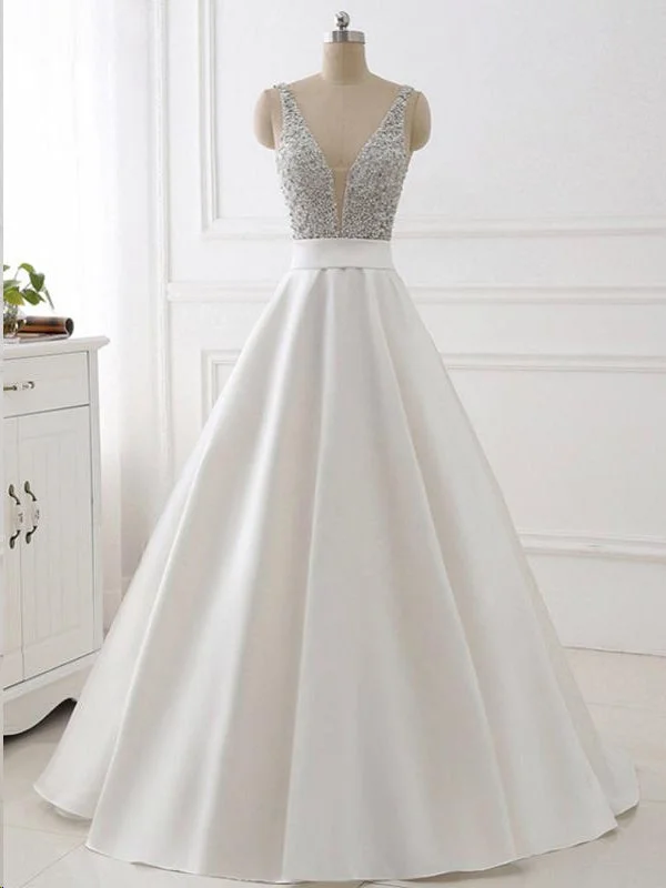 Value Deals Ball Gown Prom Dresses Straps Sequins Ivory Satin Chic Sparkly Long Prom Dress JKL736