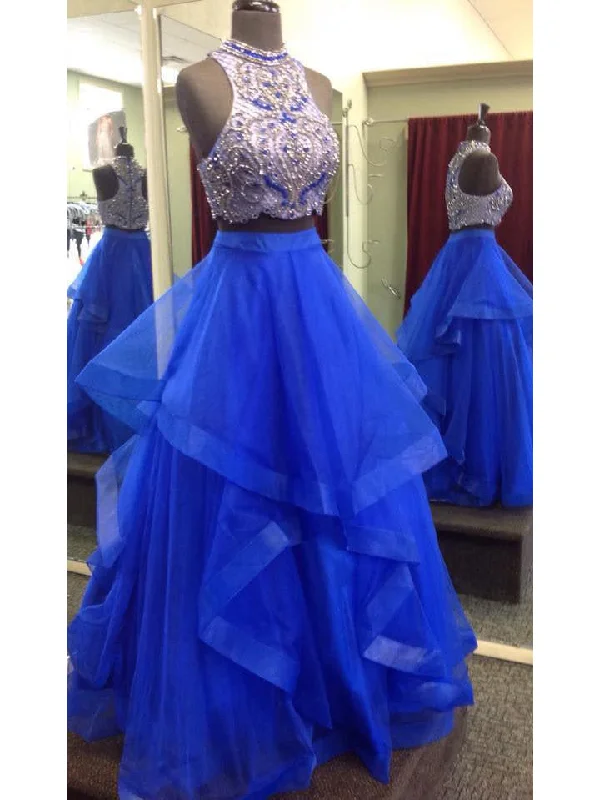 Closeout Sale Two Piece Prom Dresses High Neck Floor-length Royal Blue Tulle Prom Dress/Evening Dress JKL288