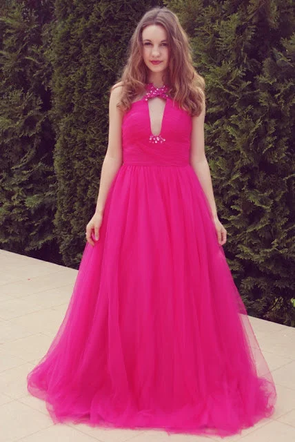 Huge Savings A-line V-neck Wide Strap Floor Length Tulle Beaded Rhinestone Prom Dress