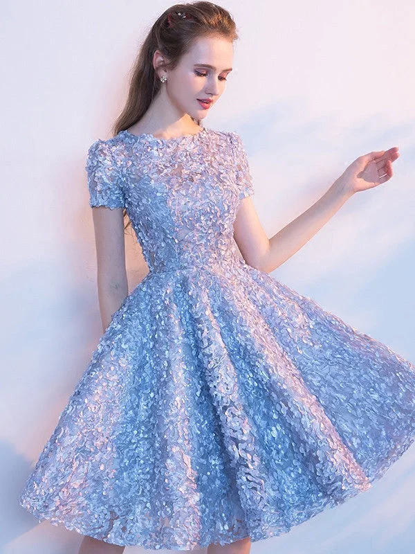 Amazing Deals Cute Homecoming Dress Scoop A-line Knee-length Lace Short Prom Dress Sexy Party Dress JK536