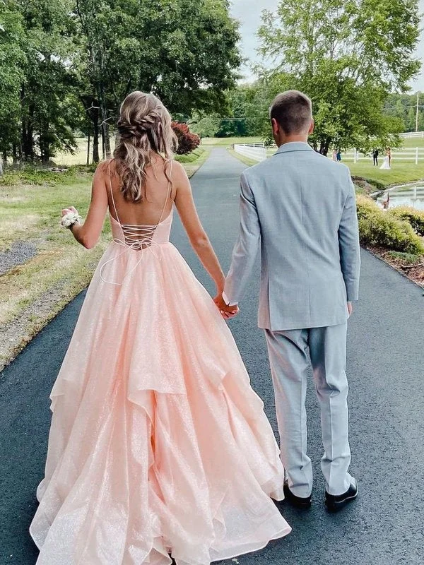 Anniversary Sale puff sleeve dresspuff sleeve dressPink spaghetti straps a line prom dress,layered evening gown,sparkle prom long dress Y1303