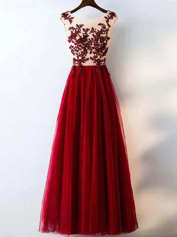 Clearance Event Chic Burgundy Prom Dresses Rhinestone Scoop Floor-length Lace Prom Dress/Evening Dress JKL223
