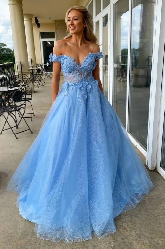 Savings Alert office dressoffice dressBlue Tulle Lace Long Prom Dresses, A-Line Off the Shoulder Evening Dresses Y1414