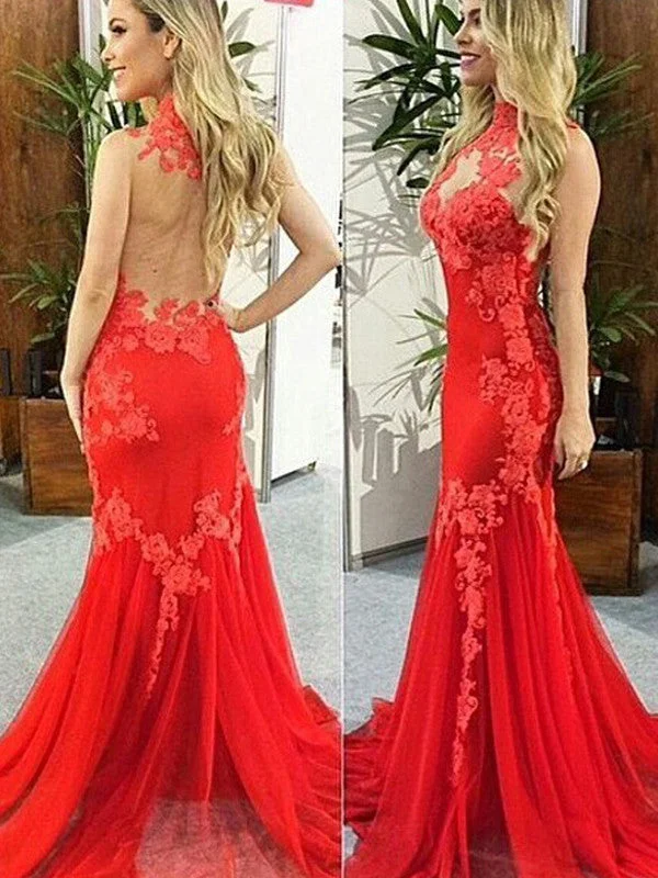 Overstock Red simple prom dresses Sheath Column High Neck Floor-length Tulle Prom Dress Evening Dress MK125