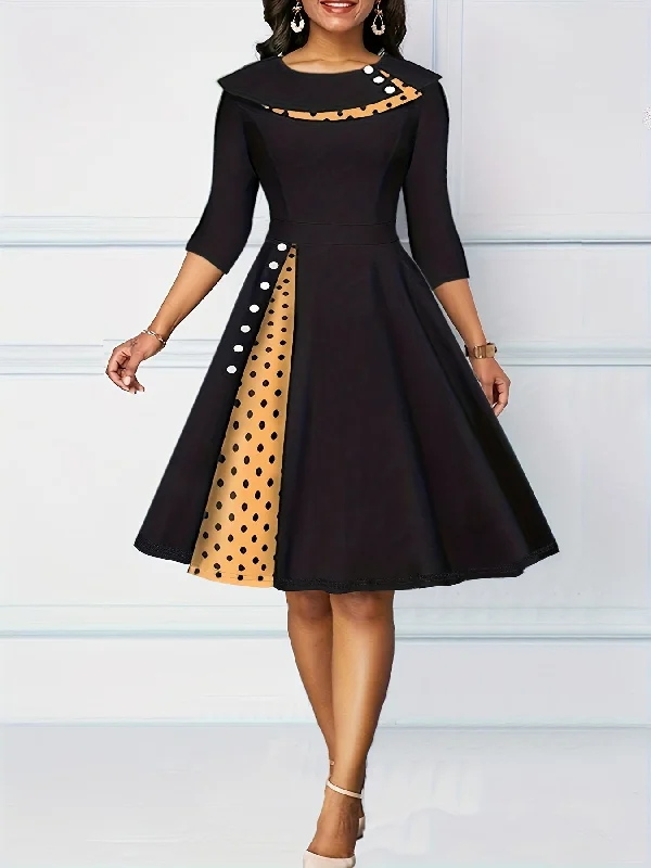 Hurry In A-line Retro Dress, 3/4 Sleeve Polka Dot Casual Dress