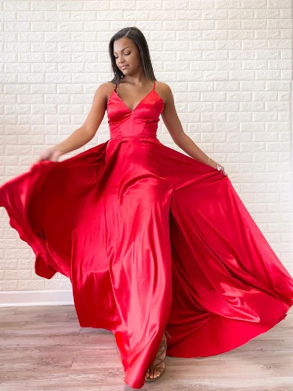 Super Deal Simple Red Satin Halter V-Neck A-Line Sweep Train Long Prom Dress JKA012