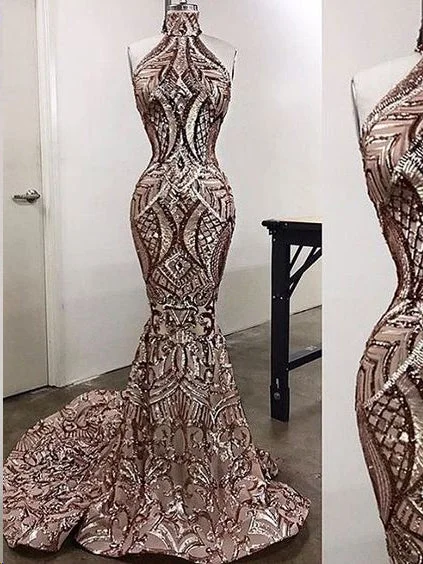 Today Only Luxury Prom Dresses High Neck Sweep Train Mermaid Long Prom Dress JKL803