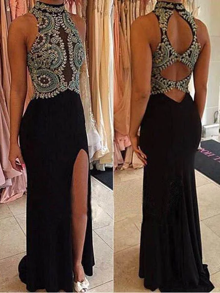 Overstock Black Prom Dresses High Neck Short Train Rhinestone Slit Prom Dress Long Evening Dress JKL574