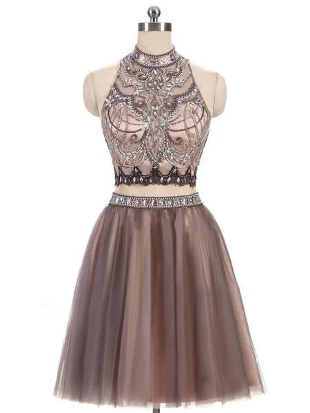 Time-Limited Offer Chic Homecoming Dress High Neck Rhinestone Tulle Short Prom Dress Party Dress JK456
