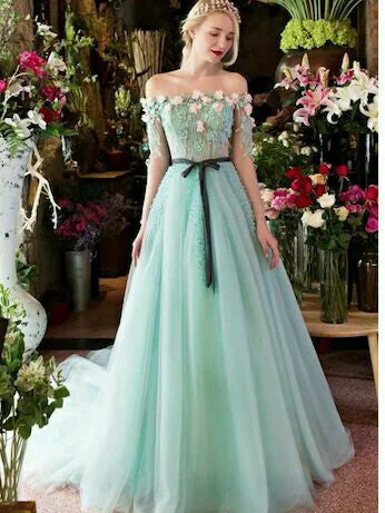 Limited Edition Long Prom Dresses A-line Off-the-shoulder Brush Train Beading Long Sleeve Prom Dress JKL547