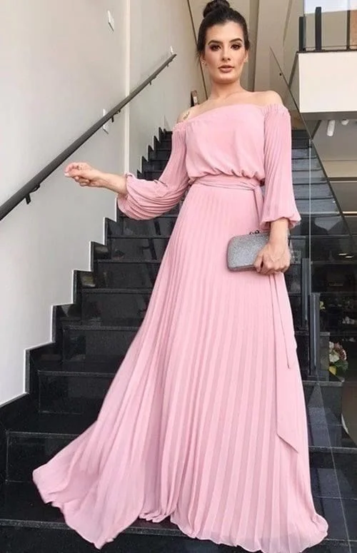 Price Drop long sleeve dresslong sleeve dressPink Pleated Prom Dress With Long Sleeves,Bridesmaid Dress Y5072