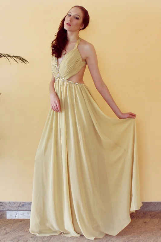 Special Price A-line V-neck Halter Floor Length Chiffon Rhinestone Backless Prom Dress