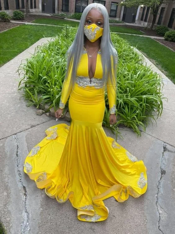 Closeout form-fitting dressform-fitting dressYellow Mermaid Deep V Neck Prom Dresses Sexy Evening Dresses With Appliques Y570 Closeout form-fitting dressform-fitting dressYellow Mermaid Deep V Neck Prom Dresses Sexy Evening Dresses With Appliques Y570