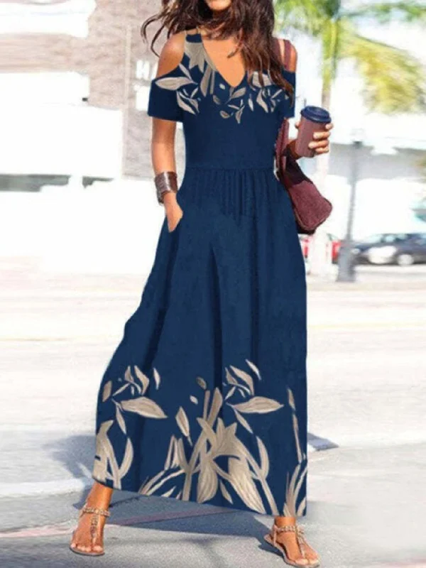 Amazing Deals Floral Print Cold Shoulder Dress, Boho Casual V Neck Short Sleeve Ankle Dress