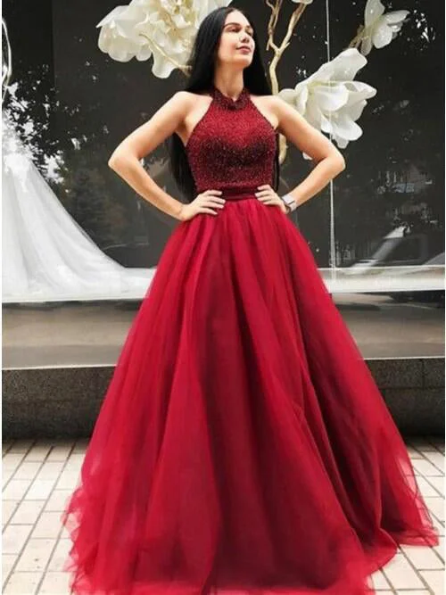 YEAR-End Sale Burgundy Prom Dresses Halter Beading Floor-length A Line Long Prom Dress JKL818