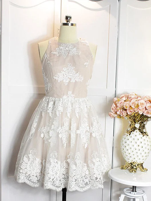 Online Only Beautiful Homecoming Dress Scoop Appliques Ivory Short Prom Dress Party Dress JK415