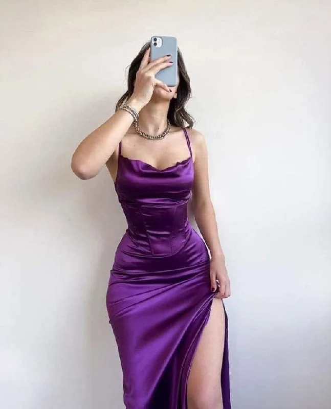 Stock Up and Save pleated maxi dresspleated maxi dressPurple Satin Long Prom Dress with High Slit,Sexy Party Dress  Y4997