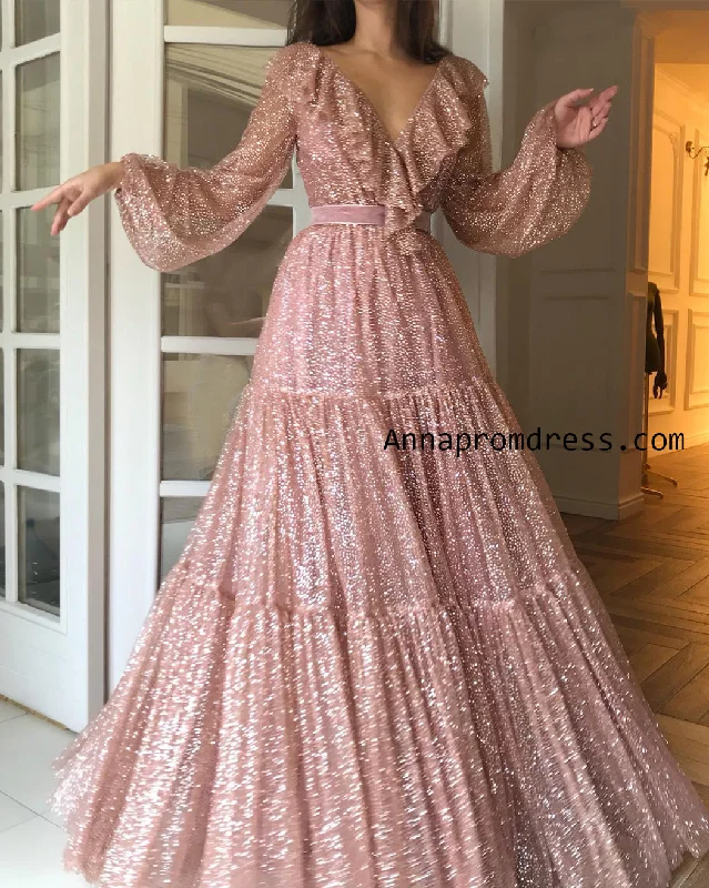 Today's Special Sparkly Prom Dresses Long Sexy V Neck Long Sleeve Rose Gold Unique Prom/Evening Dress YSD336