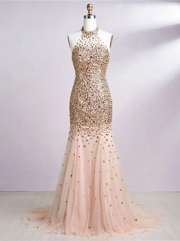 Price Drop Alert Open Back Prom Dresses Halter Rhinestone Gold Prom Dress Sexy Evening Dress JKL1409