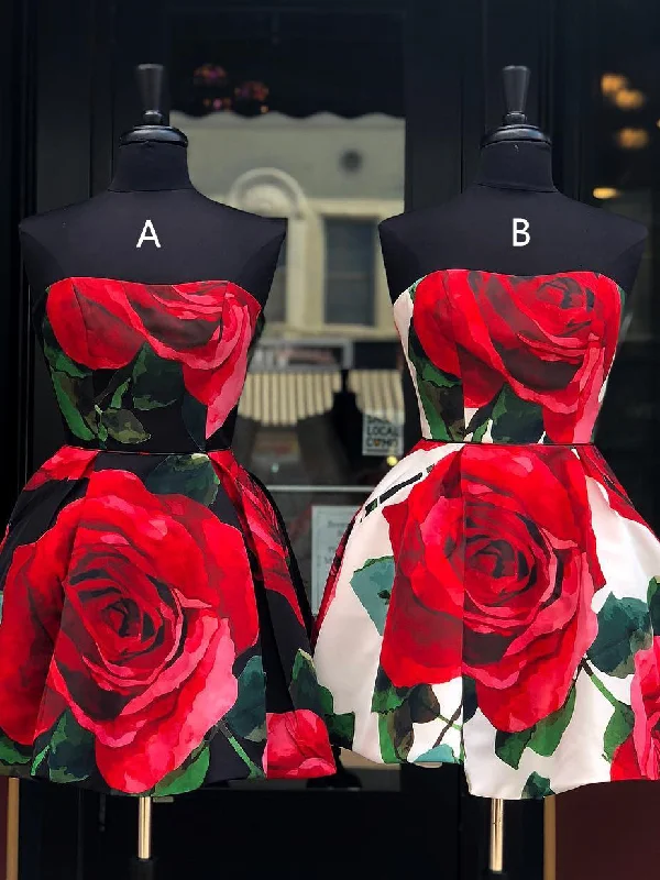 Get It Before It’s Gone Beautiful Rose Floral Print Homecoming Dresses Strapless Short Prom Dress Party Dress JK816
