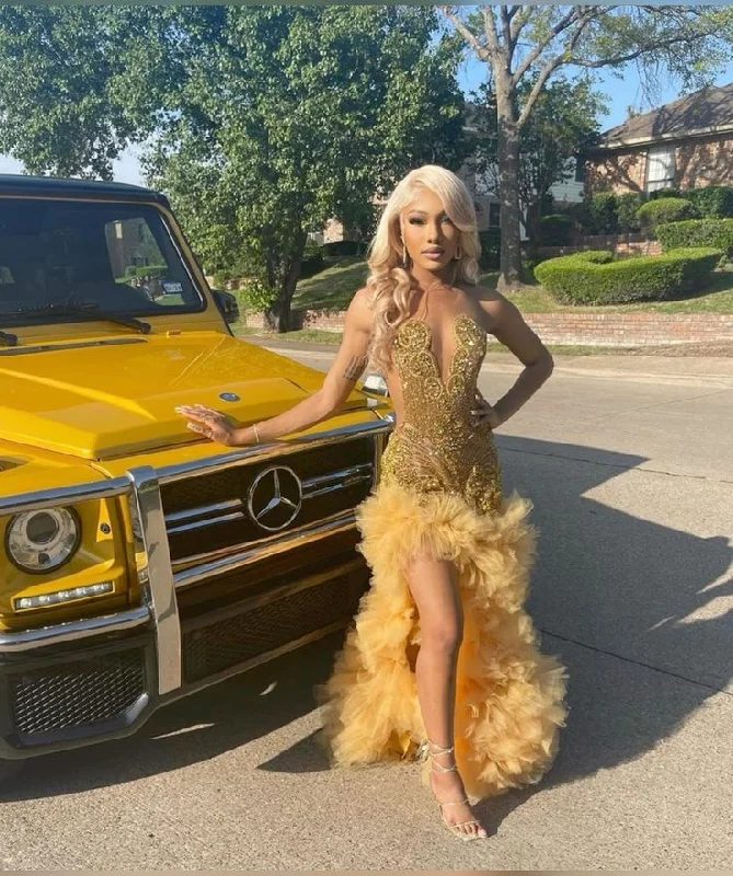 Limited Edition sleek dresssleek dressCharming Gold Crystal Prom Dresses Beads Ruffles Black Girls  Y5132