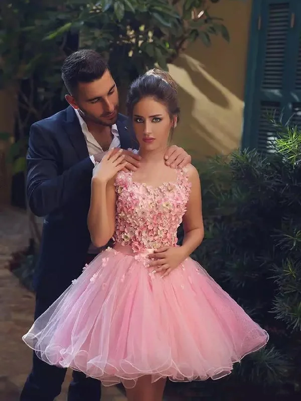 Can't Miss Cute Pink Homecoming Dress Hand-Made Flower Tulle Short Prom Dress Party Dress JK296