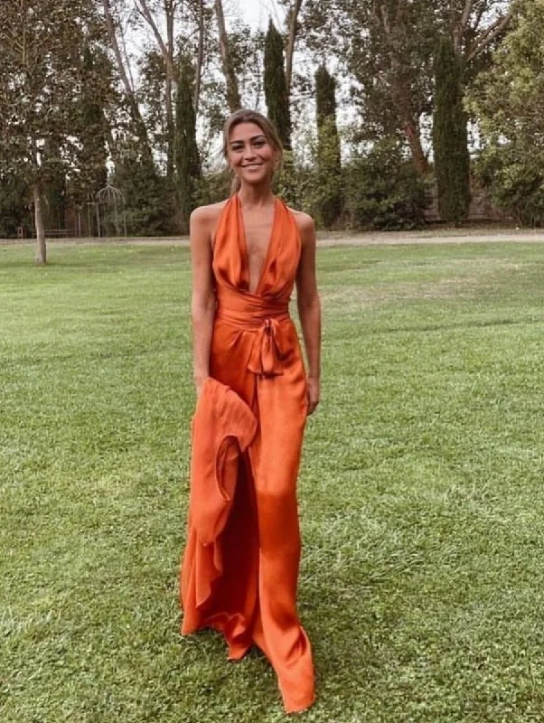 The Best Prices A-line dressA-line dressOrange Halter Neckline Long Prom Dress,Wedding Guest Dress Y5078