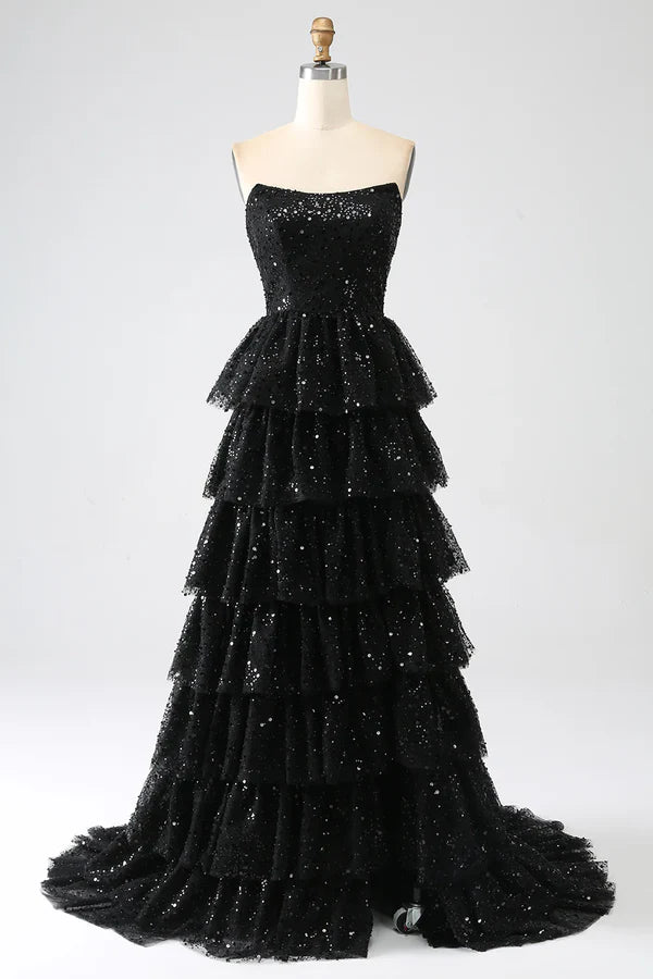 Price Cut flowy maxi dressflowy maxi dressGlitter Tulle A-Line Strapless Tiered Long Party Prom Dress