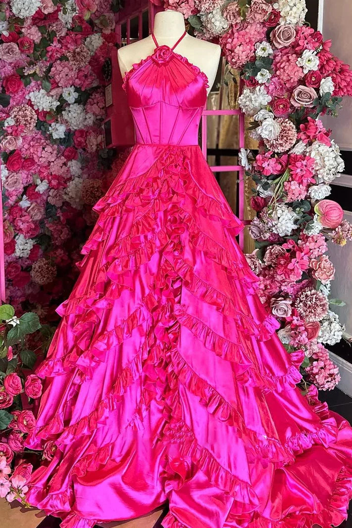 Daily Deals modern dressmodern dressHot Pink Halter Sleeveless Tiered Satin A-Line Party Prom Dress
