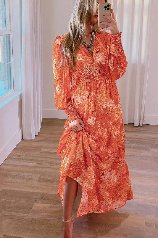 Act Fast Orange Boho Floral Bishop Sleeve V Neck Tiered Maxi Dress