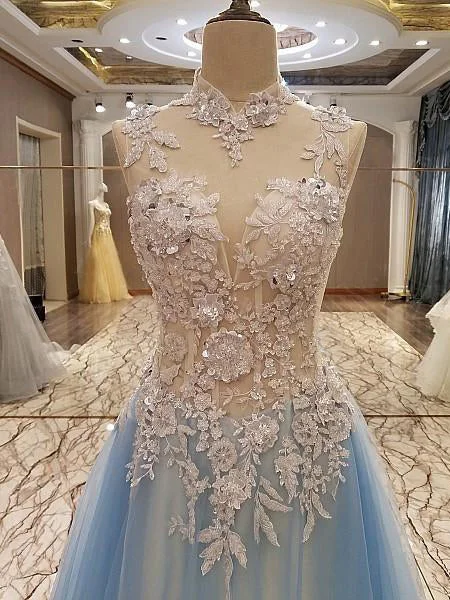 Value Deals High Neck Prom Dresses A-line Sweep Train Appliques Lace-up Sexy Prom Dress JKL530