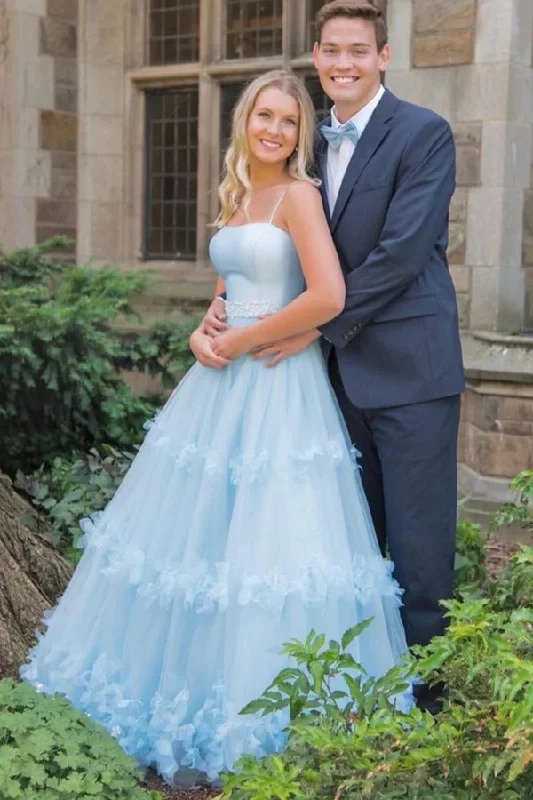 Hot Deal A Line Light Blue Spaghetti Straps Floral Prom Dresses, Ruffles Formal Dresses GJS755