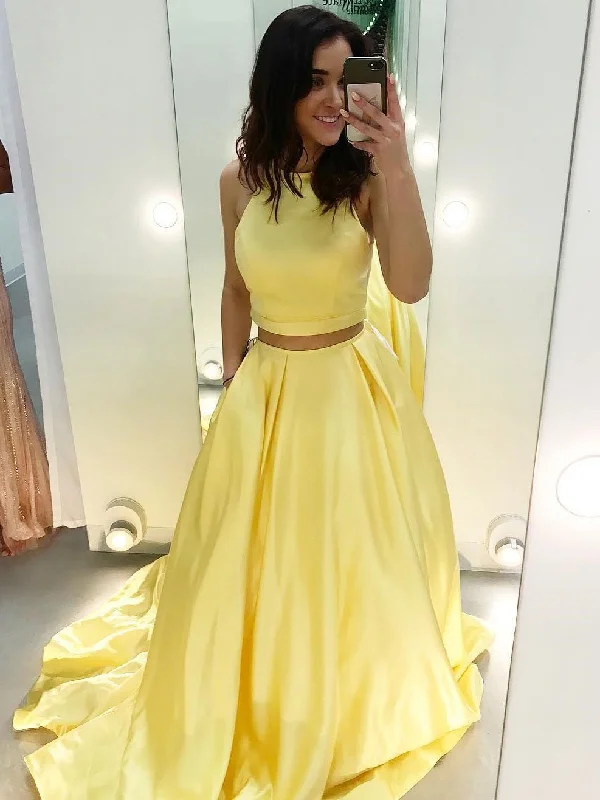 Referral Discount Cheap Two Piece Prom Dresses Yellow Satin Formal Long Prom Dress JW108