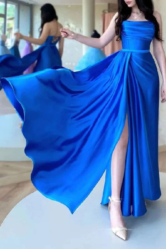 Doorbuster Deal Simple A Line Satin Royal Blue Strapless Long Prom Dress With Slit, Evening Dresses GJS754
