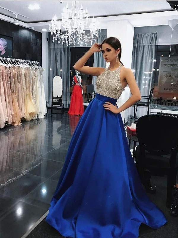 Super Bargain Sparkly Prom Dresses A-line Halter Rhinestone Long Simple Prom Dress Sexy Evening Dress JKL565