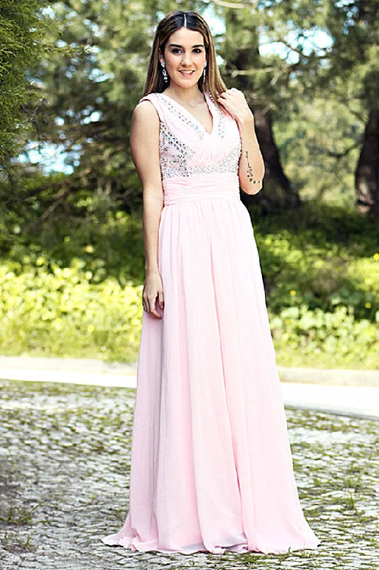 Best Bargains A-line V-neck Floor Length Chiffon Rhinestone Backless Prom Dress