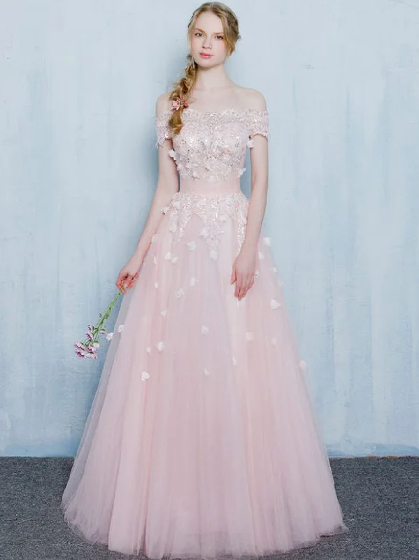Super Bargain Pink Prom Dresses Off-the-shoulder Appliques Long Prom Dress/Evening Dress JKL078