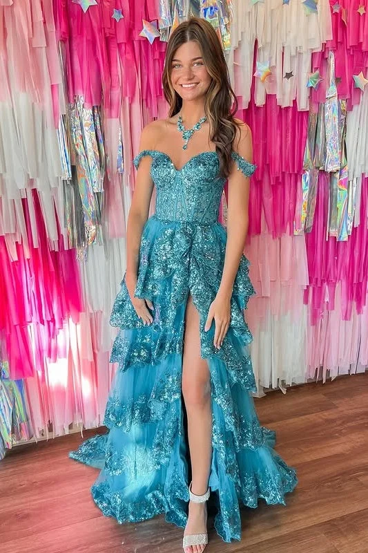 Super Sale draped dressdraped dressLace A-Line Off-Shoulder Tiered Prom Dress With Slit Super Sale draped dressdraped dressLace A-Line Off-Shoulder Tiered Prom Dress With Slit