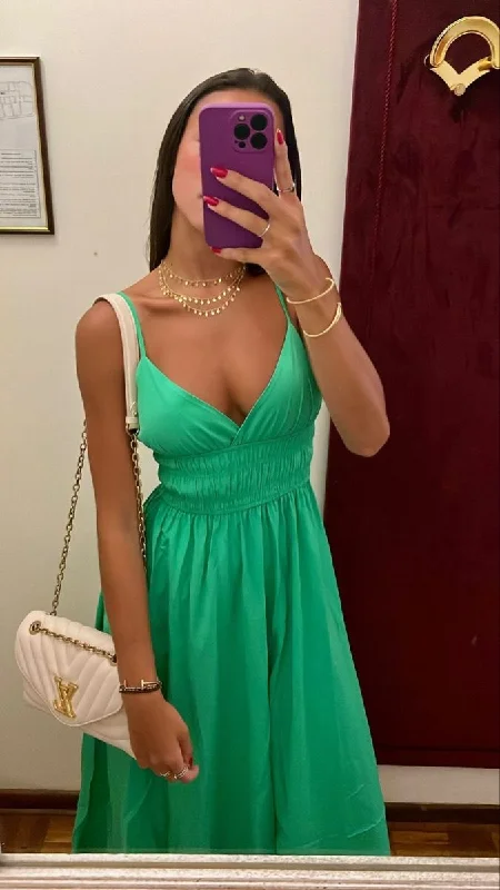 Exclusive Preview ashionable dressashionable dressGreen A-line Spaghetti Straps V Neck Prom Dress,Green Summer Beach Dress Y5172
