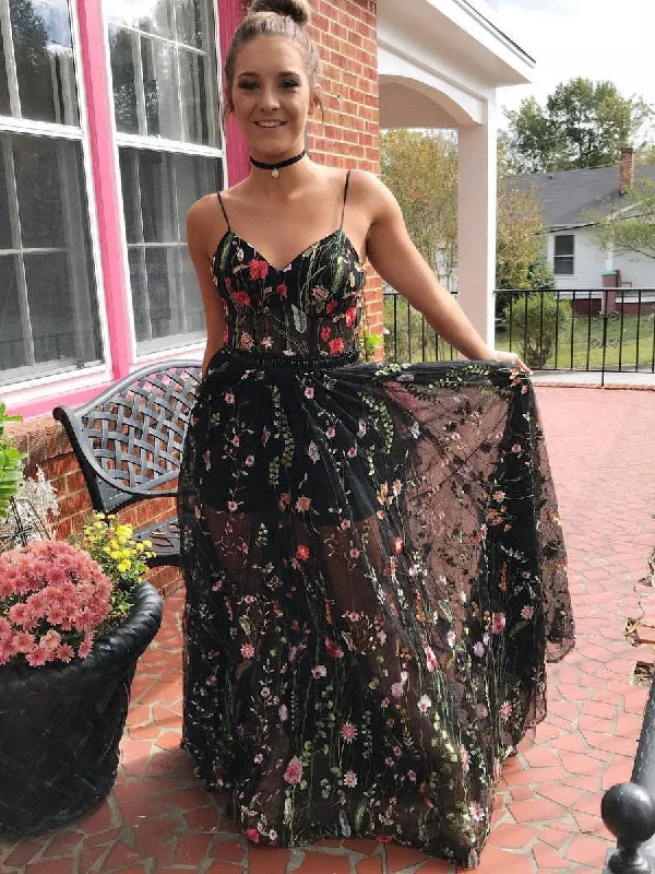 Value Deals Black Prom Dresses Spaghetti Straps Floor-length Sexy Long Lace Prom Dress JKL793